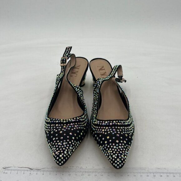 Women Pointed Toe Slingback Wedding Pumps Chunky Low Heel Rhinestone Sandals - Picture 3 of 7